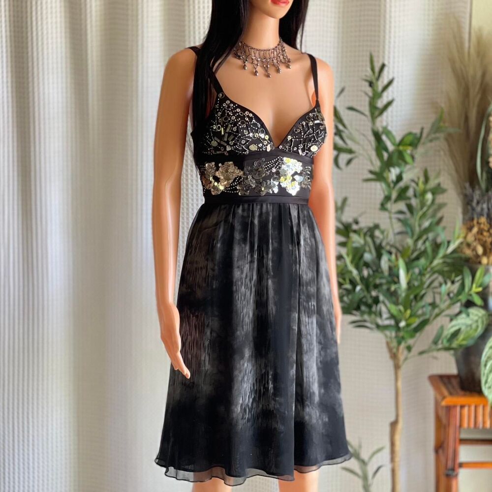 Vintage Y2K Mandalay Silk Embellished Black Dress Beaded Bust Cocktail Midi Sz 2